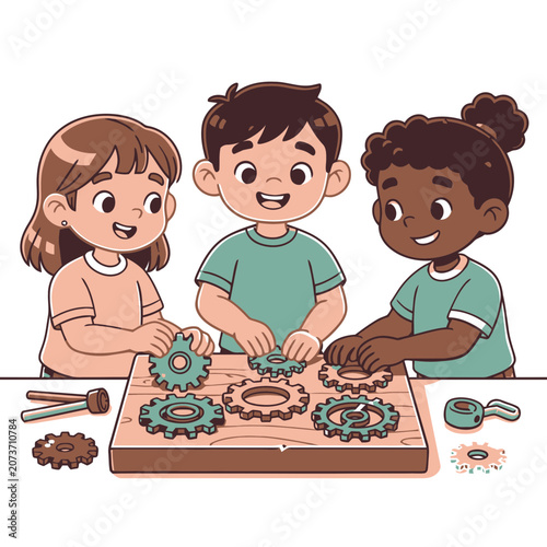 Cartoon children playing with colorful gears on a workbench