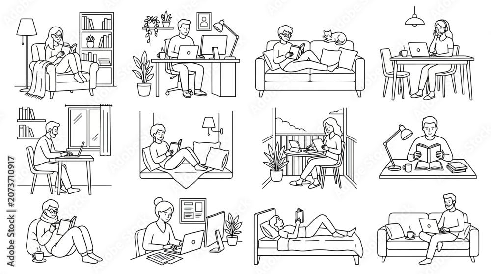 Obraz premium Diverse People Reading and Working on Devices, Lifestyle Illustrations