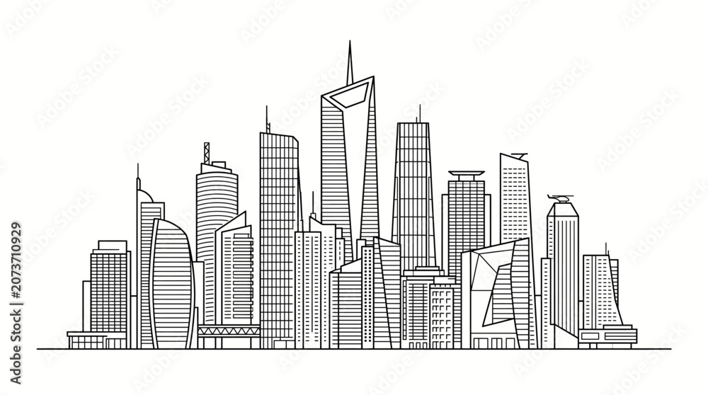 Fototapeta premium Modern city skyline drawing with modern office towers. Vector sketch illustration.