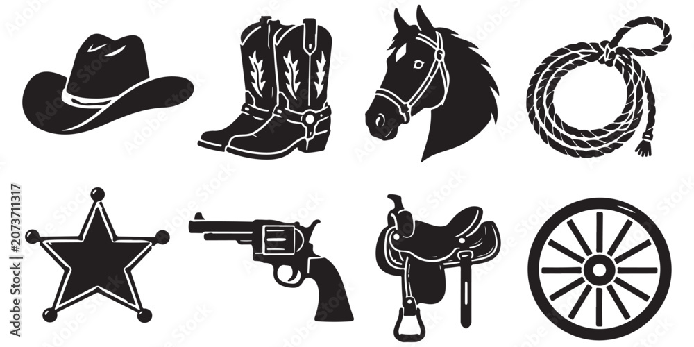 Obraz premium Cowboy Icons silhouette, western lifestyle set, vector isolated on white