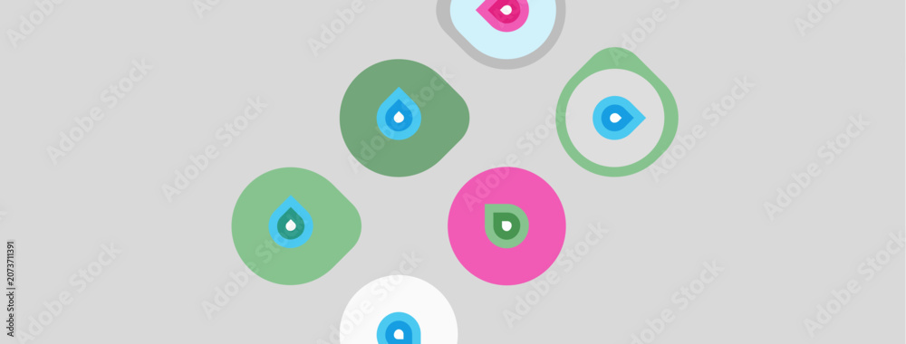 Fototapeta premium Abstract design features colorful circles, droplets. Soft gray background provides neutral canvas for shapes, patterns. Minimalist aesthetic.