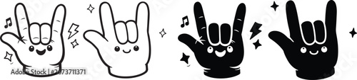 Cute cartoon hands making the rock on gesture with music notes and stars