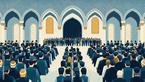 Foto A large assembly of people gathered in a grand hall with intricate Islamic architecture, attending a formal event or conference