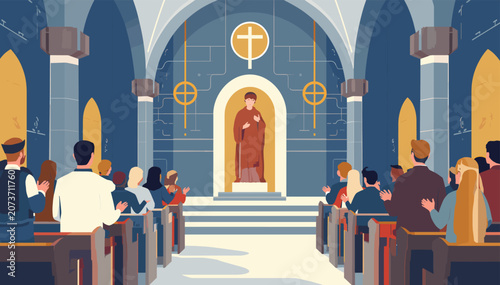 Tableau sur toile An illustrative depiction of a priest leading a religious service in a grand church interior with a congregation seated in pews