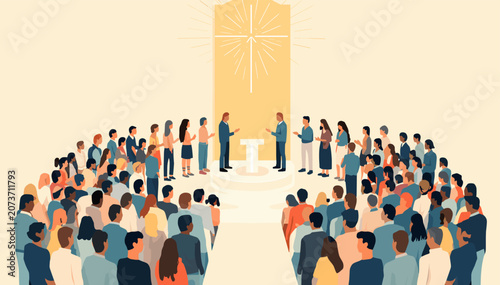 Obraz na płótnie A large congregation of diverse people gathered in a semi-circle for a religious ceremony, with a glowing cross and altar at the center