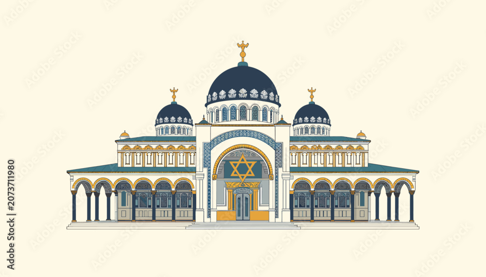 Obraz premium Ornate synagogue illustration with multiple domes and a prominent Star of David symbol on its facade.