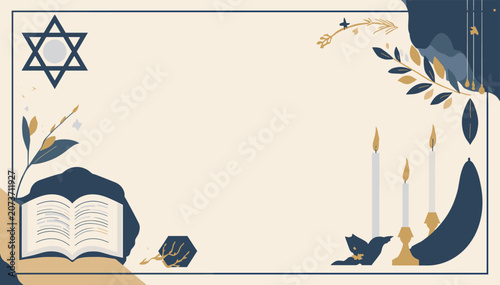 Bild auf Leinwand A decorative Jewish-themed background with a Star of David, an open book, and a menorah with lit candles, framed by blue and gold botanical elements