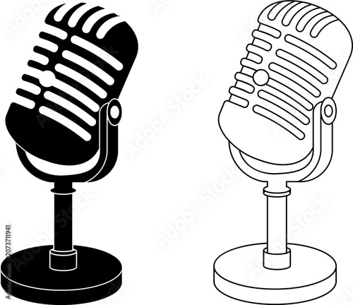 Vintage microphone isolated on stand. Retro stage vocal outline and silhouette set