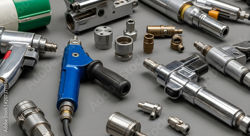 Industrial air tools and specialized pneumatic equipment parts on gray surface.