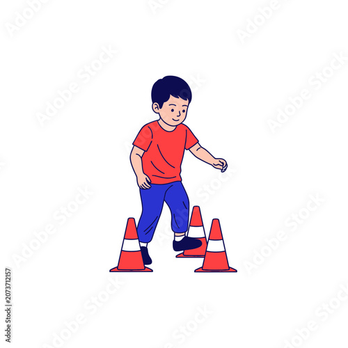 Young Boy Skillfully Navigating Orange Cones Depicting Child's Exercise And Coordination Activities