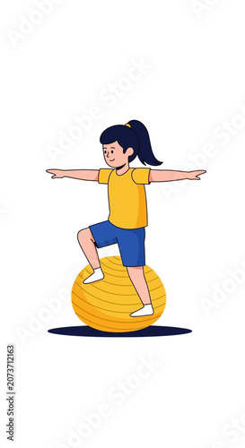 Young Girl Balances on Exercise Ball for Fitness and Physical Wellbeing in Home Environment
