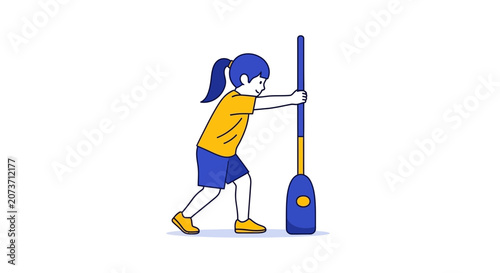 Young Girl Pushing a Large Blue Paddle, Focused and Determined, In Vector Art