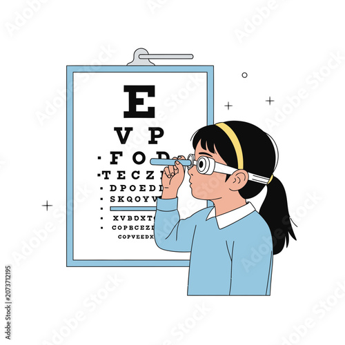 Young Girl Taking Eye Test, Visual Acuity Examination, Vision Health and Optometry Concept