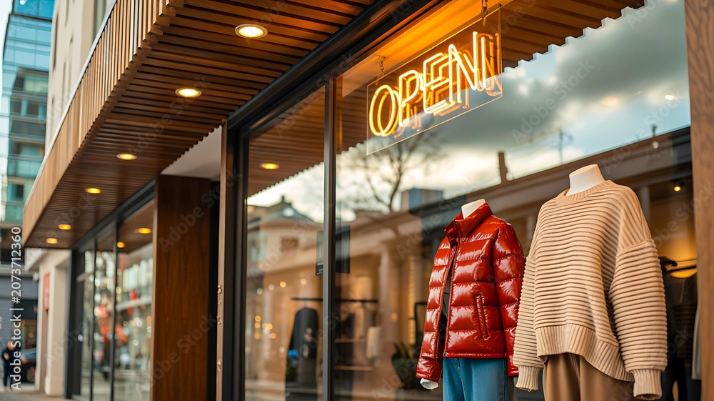 Obraz premium Modern clothing store storefront with stylish fashion display and open sign