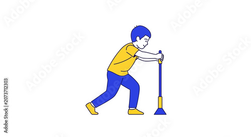 Youngster Pushing Tool Vector: Isolated Illustration Depicting Cleaning Activity On White Background