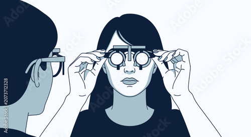 Woman Undergoing Eye Examination by an Optometrist Using Trial Frame Glasses