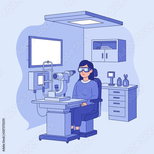 Woman Undergoing Eye Examination In A Modern Ophthalmology Clinic Environment, Illustrated