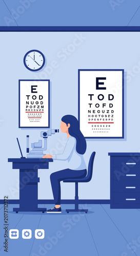 Woman Undergoing Eye Examination In A Clinic Setting With Standard Eye Charts And Equipment