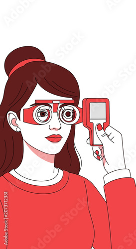 Woman Undergoing Eye Examination with a Retinometer: Diagnostic Illustration in Red Tones