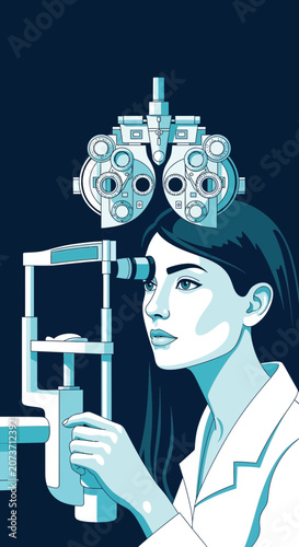 Woman Undergoing Eye Examination Using Advanced Ophthalmic Equipment for Vision Checkup