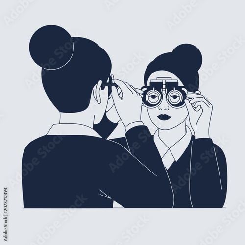 Woman Undergoing Eye Examination with a Refraction Device Checking Visual Acuity in a Clinic