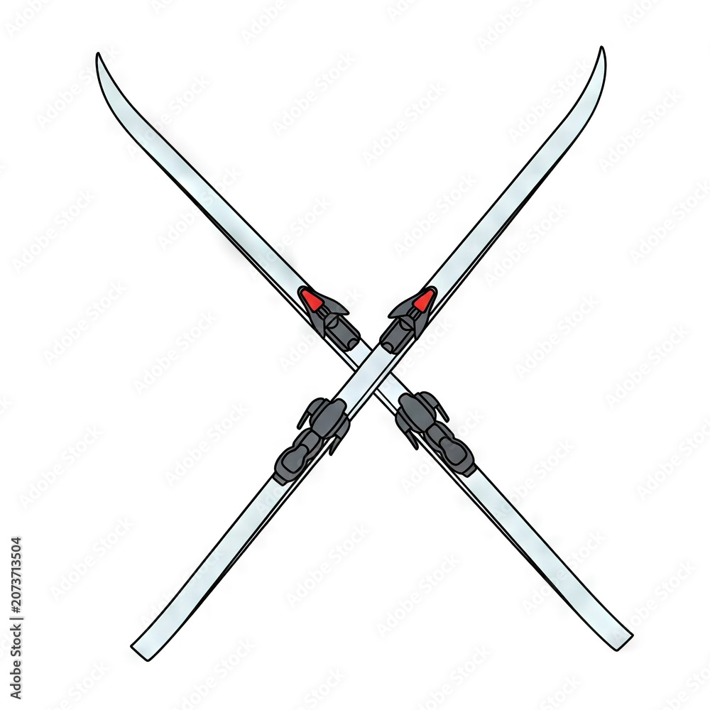 Obraz premium Illustration of a pair of crossed alpine skis with bindings, winter sports equipment for skiing, vector graphic design element for travel or mountain resort themes