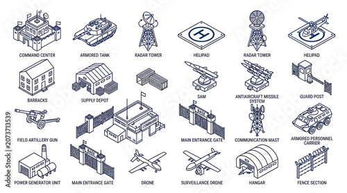 Isometric military objects, army equipment, defense base icons, vector set