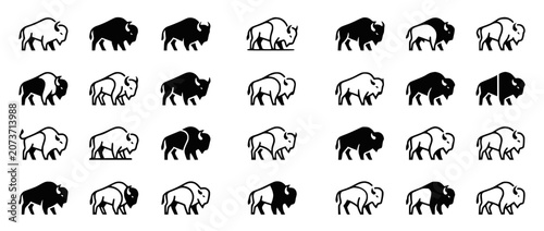 Set of Bison and Buffalo Icons in Minimalist Black and White Style