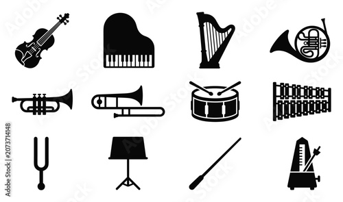 Music instrument icon set in flat solid style featuring guitar, grand piano, harp, trumpet, drum, xylophone, tuning fork, music stand and orchestra symbols isolated on white background