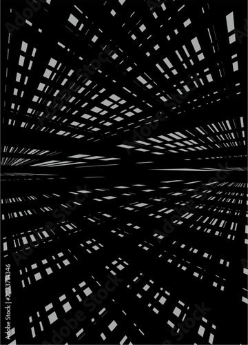 Fotografie An abstract dark illustration showing a dramatic geometric landscape of white glowing rectangular panels and lines in deep perspective, mimicking a futuristic cyber matrix grid