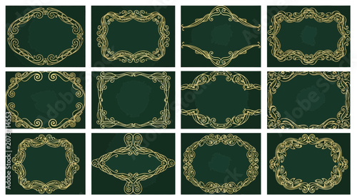 Ornate Decorative Frames Set: Vintage Scrollwork Borders on Dark Green Background