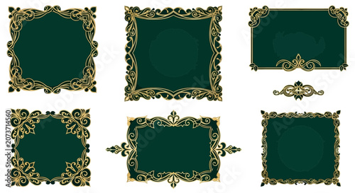 Ornate Decorative Frames, Borders, Elegant Vintage Designs in Gold and Green