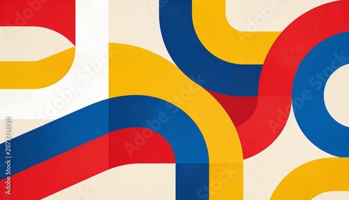 Abstract Lines and Shapes: A vibrant abstract composition featuring intersecting, curved lines in bold red, blue, and yellow against a cream background, creating a dynamic and modern visual pattern.