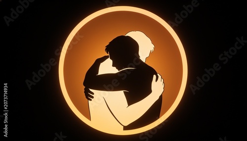 Comforting Embrace: A tender silhouette of two figures in a warm, circular frame, symbolizing empathy, support, and human connection. Capturing the essence of solace and understanding.