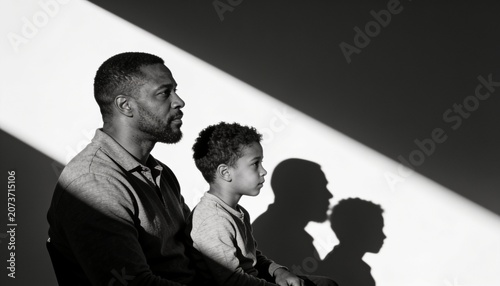 Generational Connection: A father and his two sons sit in profile, their figures and shadows casting a striking visual representation of family bonds and the passage of time.