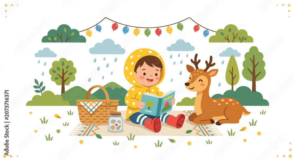 Naklejka premium A young child in a yellow raincoat sits on a picnic blanket in a rainy forest, reading a book aloud to a friendly deer resting nearby.