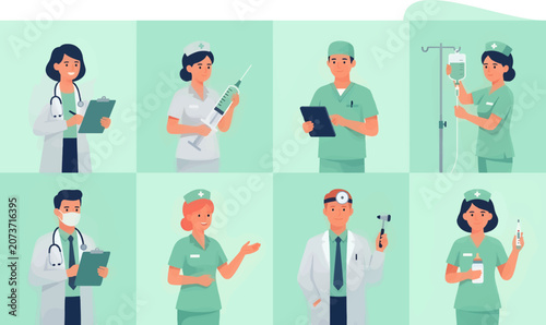 Foto Flat Design Medical Team Illustration, Diverse Doctors and Nurses Posing with Eq