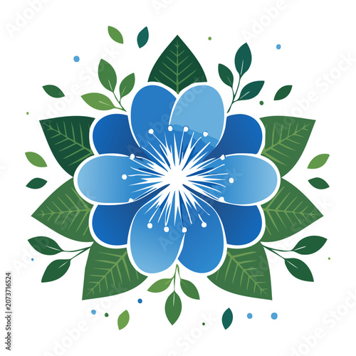 Blue Flower with Green Leaves Flat Illustration