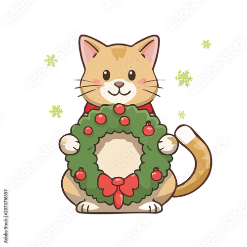 Cartoon cat holding a Christmas wreath