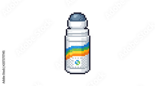 Pixel Art Roll On Deodorant Bottle With Rainbow Label.