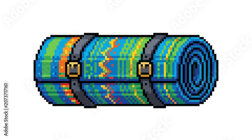 Pixel Art Rolled Sleeping Mat with Straps.