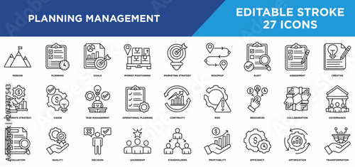 Foto Planning management line icons set with corporate strategy, vision, mission, planning, goals,and optimization concepts