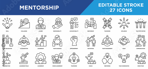 Mentorship line icons set with leadership, vision leadership, teamwork, direction, team management, and team guidance concepts. Editable stroke vector collection.	