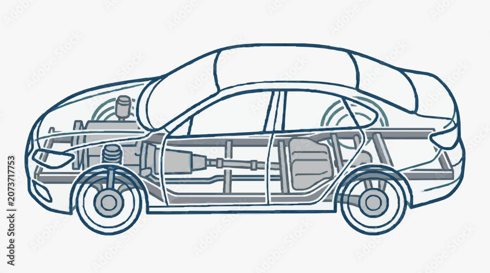 Obraz premium Car Engine Interior Blueprint Diagram.