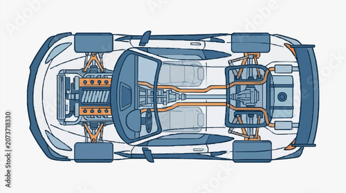 Car chassis mechanical undercarriage diagram.