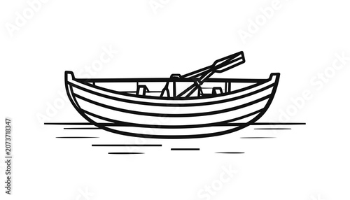 Small wooden row boat on water.