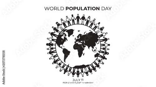 World Population Day Graphic with People Holding Hands Around Globe