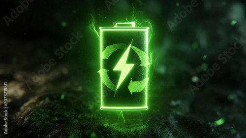 A glowing green battery icon symbolizing energy and recycling, with vibrant electric elements for an eco-friendly theme.