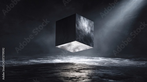 A mysterious black cube hovers above a reflective surface, illuminated by a single beam of light in a dark environment.