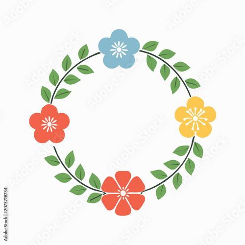 Floral Wreath with Colorful Flowers and Green Leaves